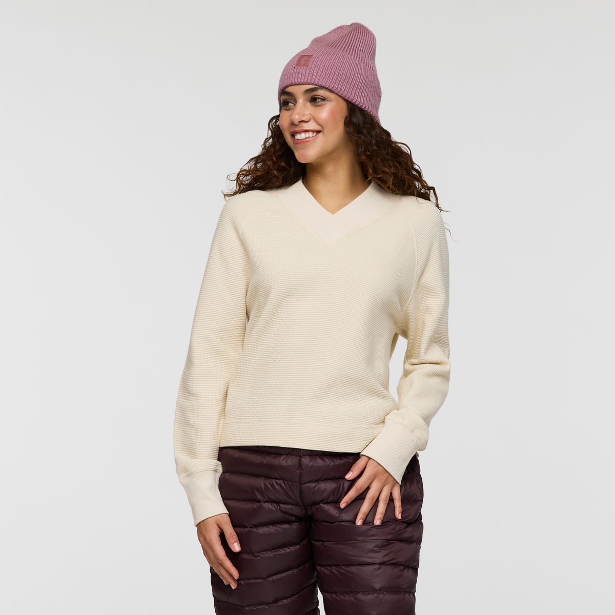 Atajo Long-Sleeve Waffle V-Neck - Women's - Cream - US 3575