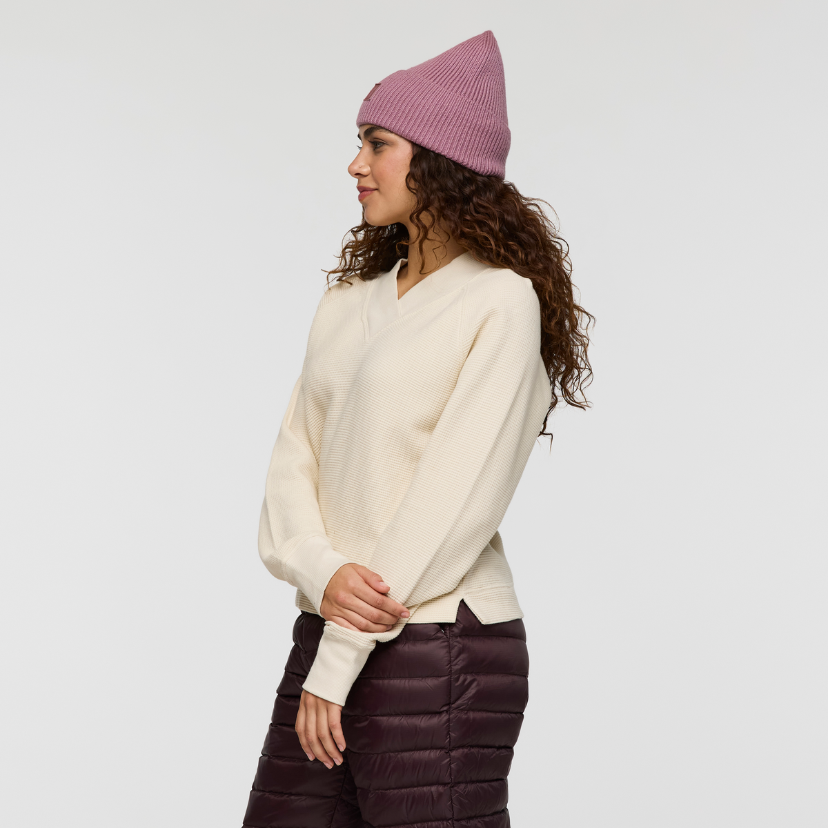 Atajo Long-Sleeve Waffle V-Neck - Women's - Cream - US 3575
